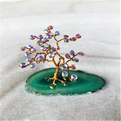 Arbre de vie cristal Mini Swarovski aurore boréale AB cuivre émaillé et tranche d'agate