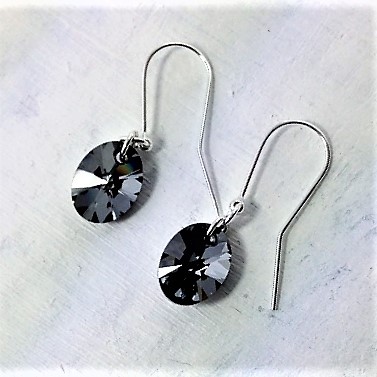 Boucles d'oreilles ovales perles de cristal Swarovski 12 mm montées sur crochets en argent 925Silver Night gris hématite