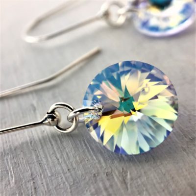 Boucles d'oreilles en argent rondes Rivoli cristal Swarovski Aurore Boreale