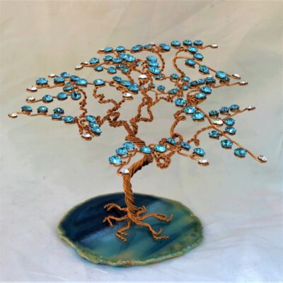 Arbre de Vie BM cristal Swarovski bleu fils de cuivre support agate