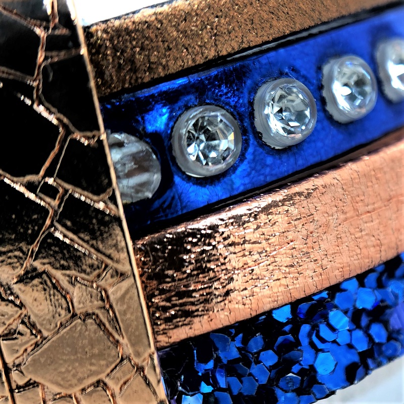 Bracelet cuir manchette 4 rangs cristal Swarovski bleu roi cuivre fermeture aimanté